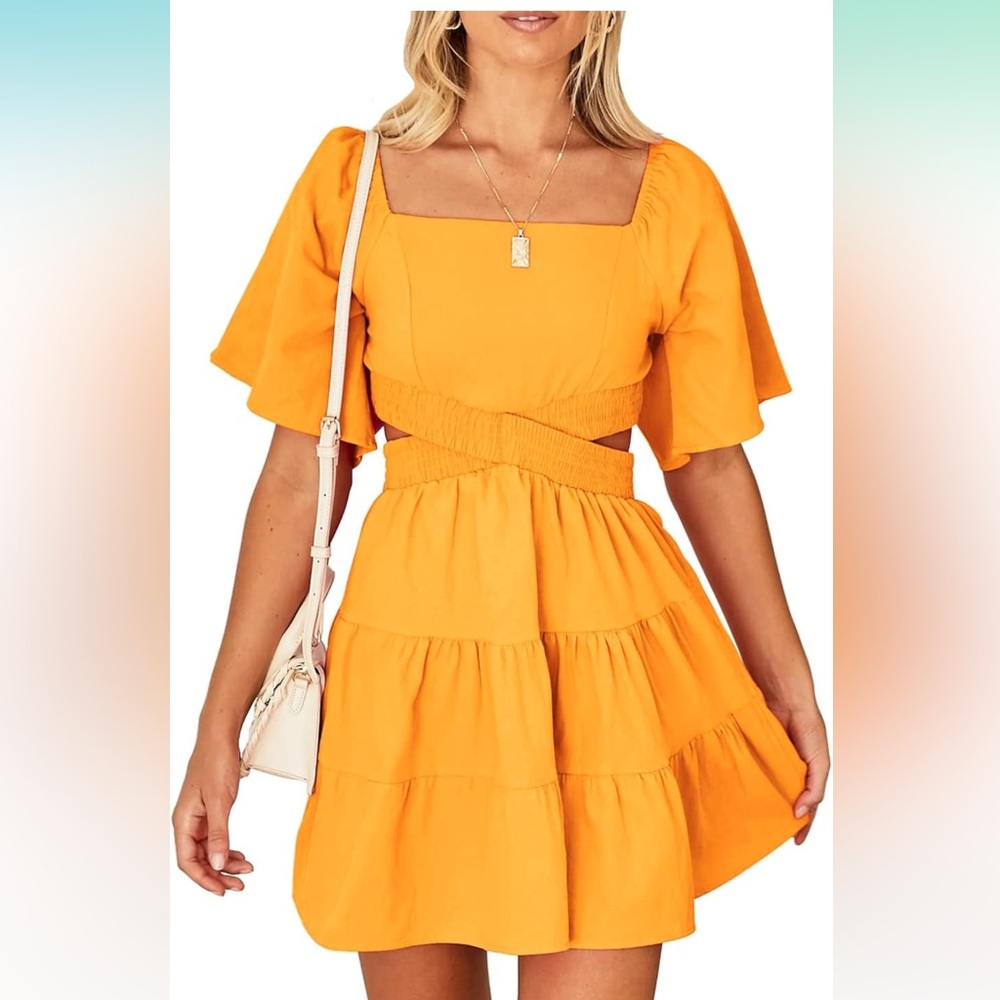 Orange Cut Out Pleated Sundress with Puff Sleeves